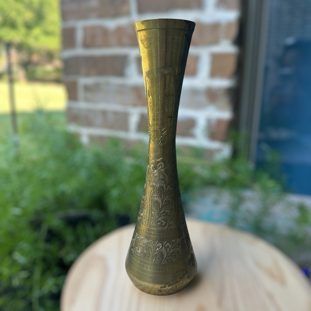 VTG Yellow Brass Vase 11 Inch Etched Design‎ Floral Flower Boho Asian Eastern